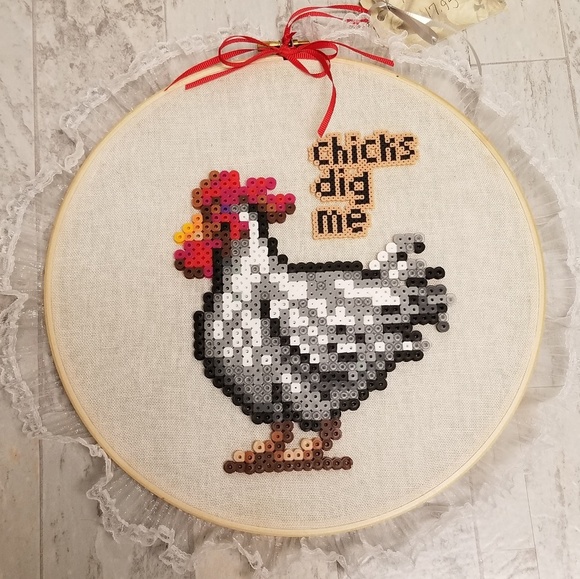 Wall Decor  Chicks Dig Me Pixel Art Rooster W Embroidery Hoop